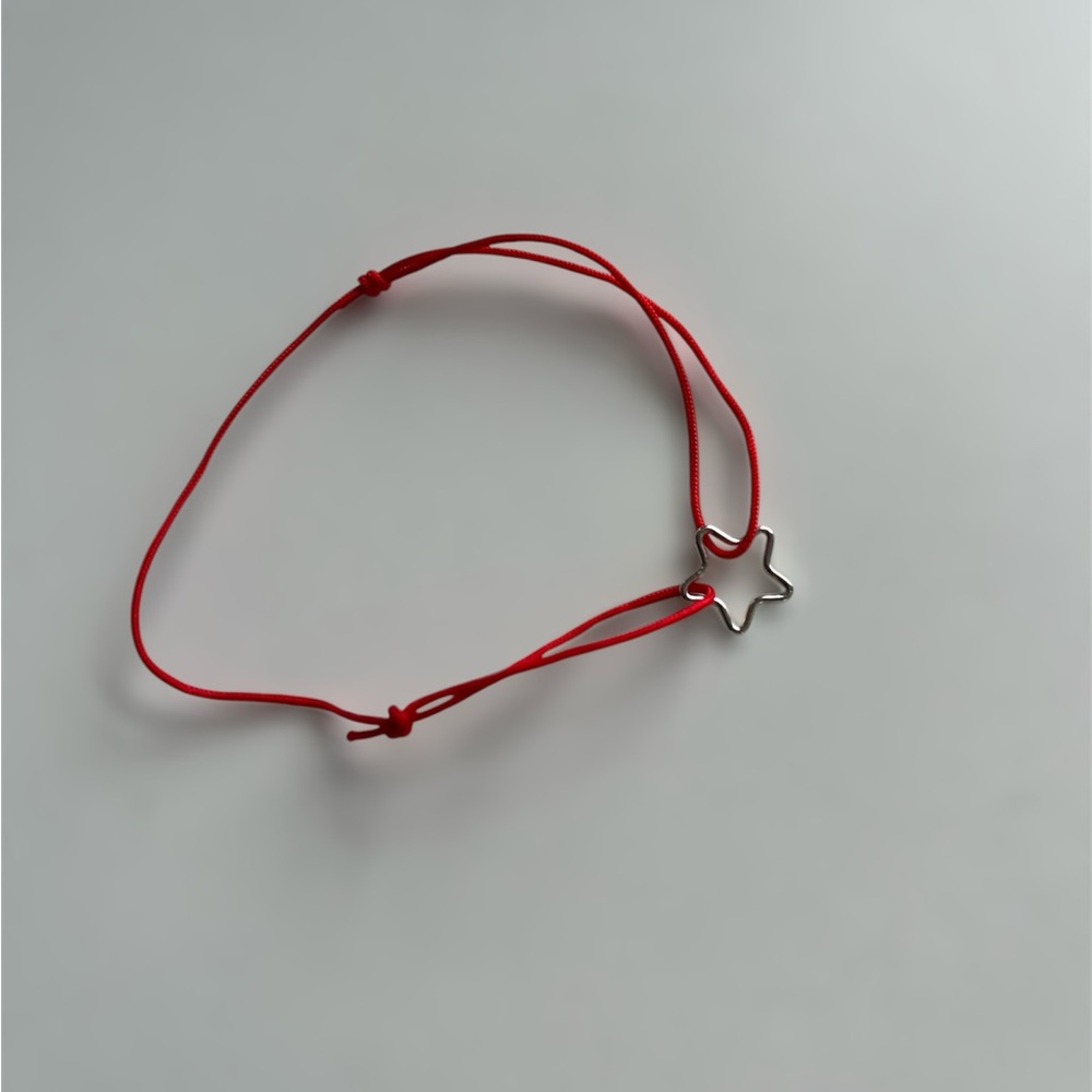 Silver Star Bracelet - 10.5 mm Sterling Silver Charm in Red Silk String